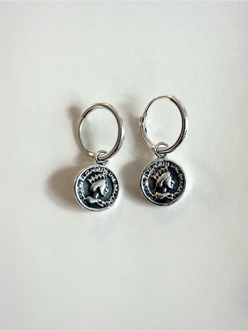 925 Vintage Coin Charm Hoop Earrings - Sterling Sulver
